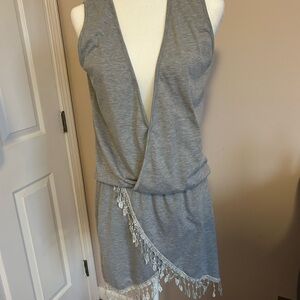 Grey Sleeveless Fringe Hem Wrap cover up